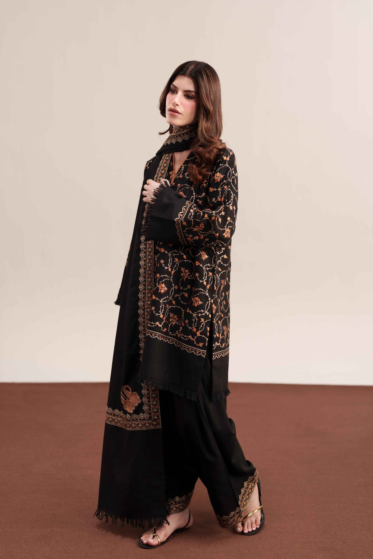 Midnight Noir – 3-Piece Black Dhanak Suit with Shawl | Winter Pret