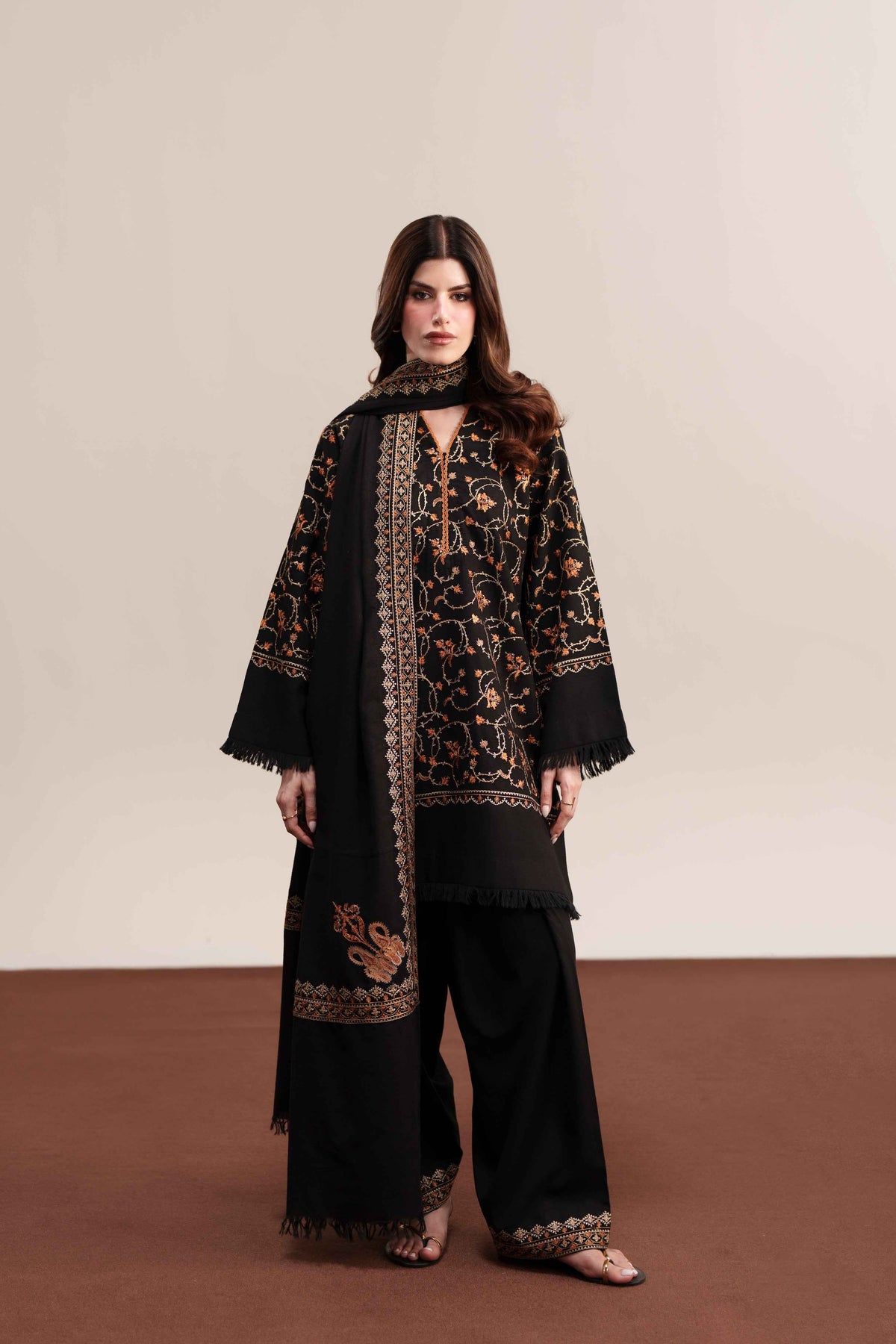 Midnight Noir – 3-Piece Black Dhanak Suit with Shawl | Winter Pret