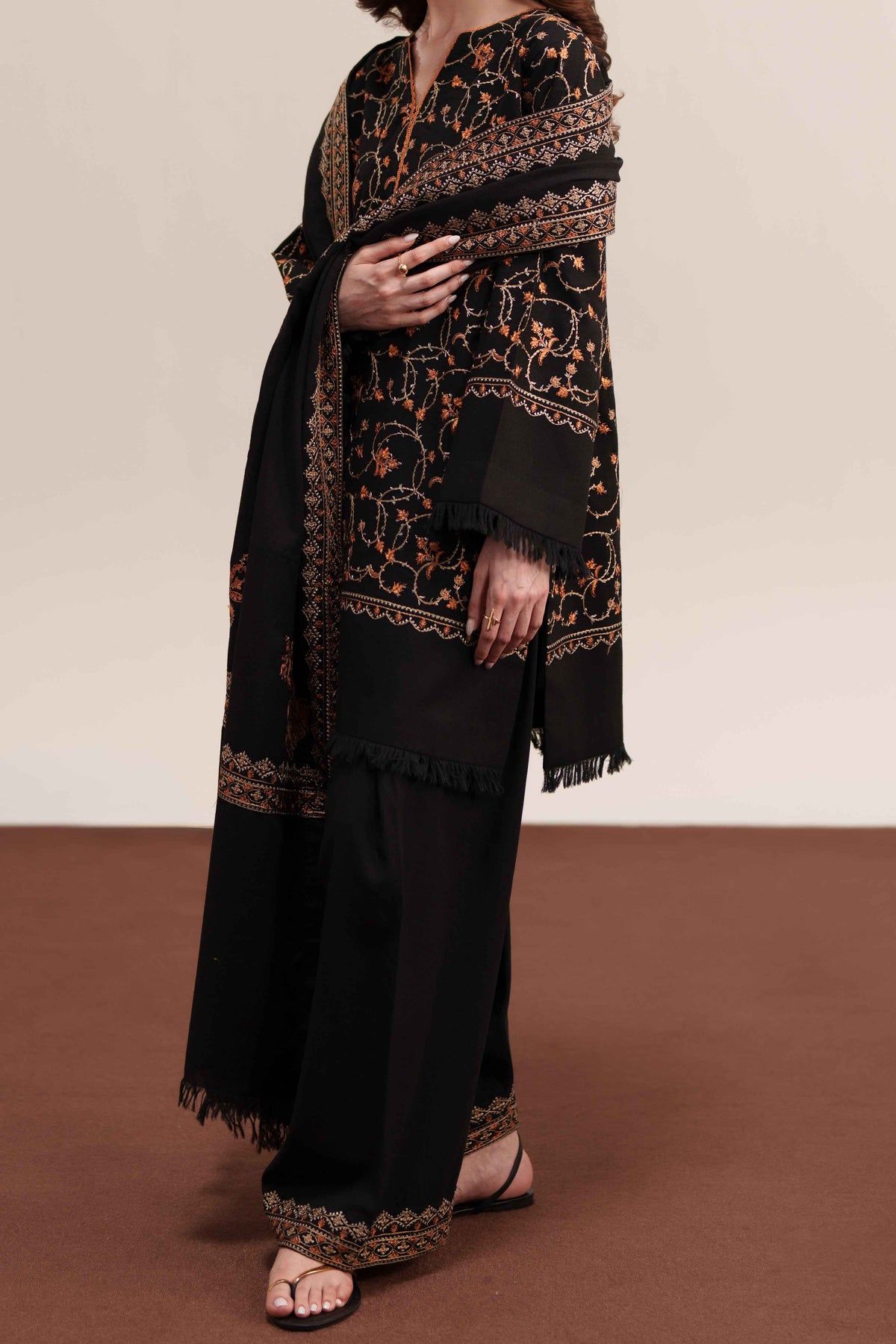 Midnight Noir – 3-Piece Black Dhanak Suit with Shawl | Winter Pret