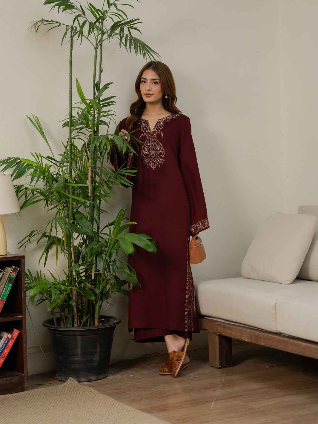 Avira Loom – 2 Piece Stitched Stone Linen Suit | Women's Winter Pret