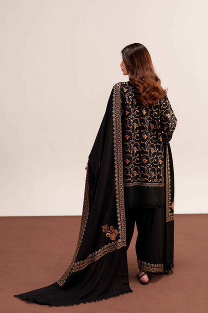 Midnight Noir – 3-Piece Black Dhanak Suit with Shawl | Winter Pret