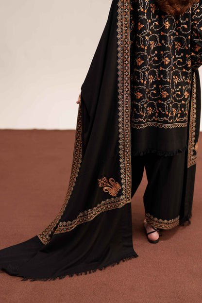 Midnight Noir – 3-Piece Black Dhanak Suit with Shawl | Winter Pret