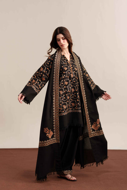 Midnight Noir Black 3-Piece Dhanak Suit with Shawl - BK Clothings Pakistan