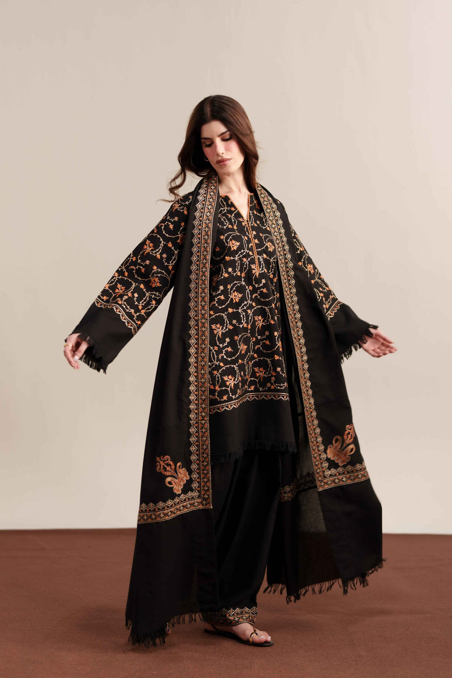 Midnight Noir Black 3-Piece Dhanak Suit with Shawl - BK Clothings Pakistan