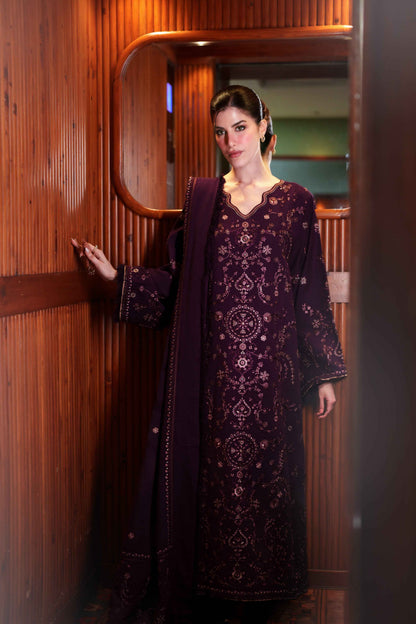 Mystic Plum – 3 Piece Stitched Dhanak Suit with Shawl | Women's Winter Collection