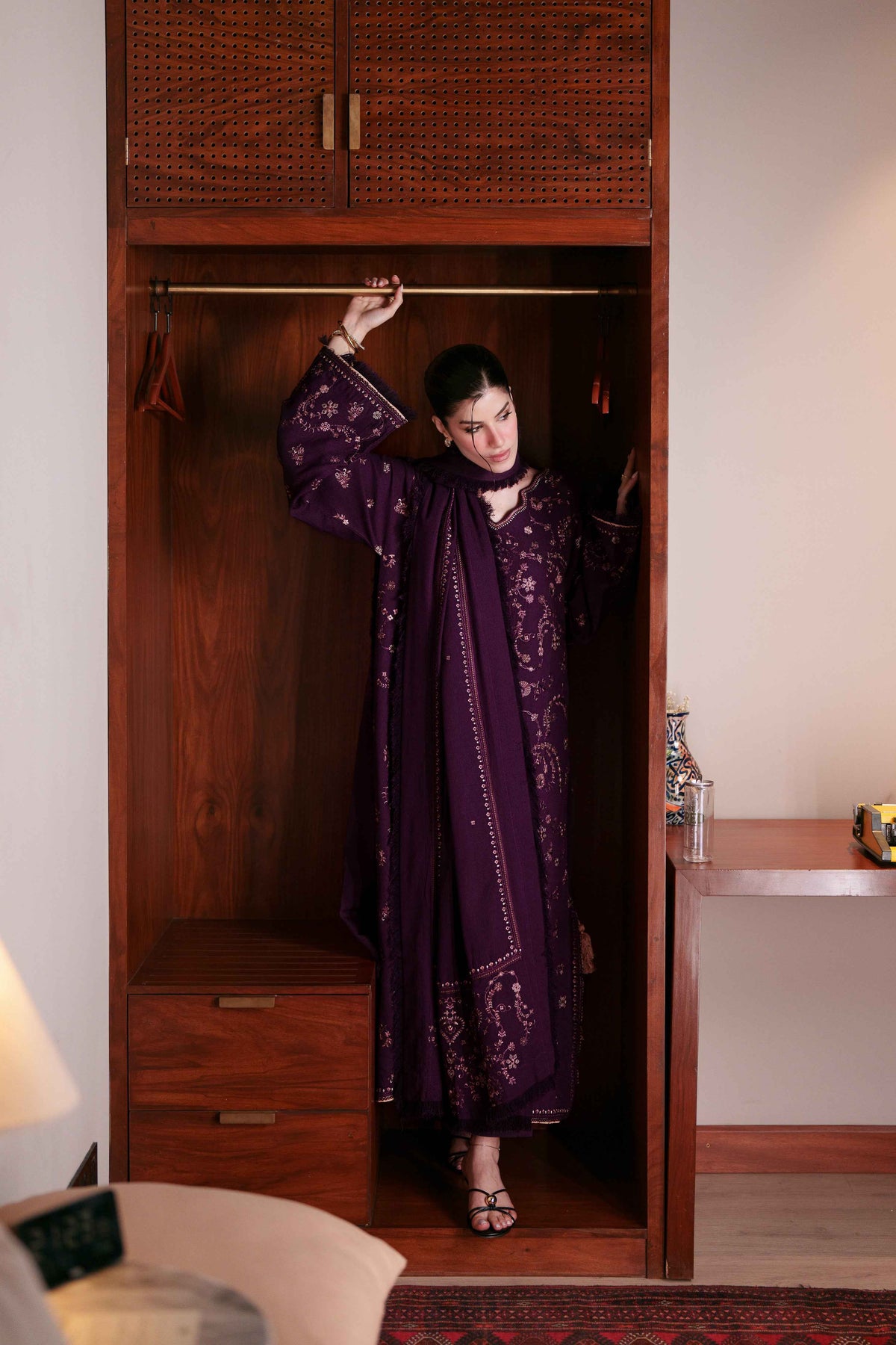 Mystic Plum – 3 Piece Stitched Dhanak Suit with Shawl | Women's Winter Collection