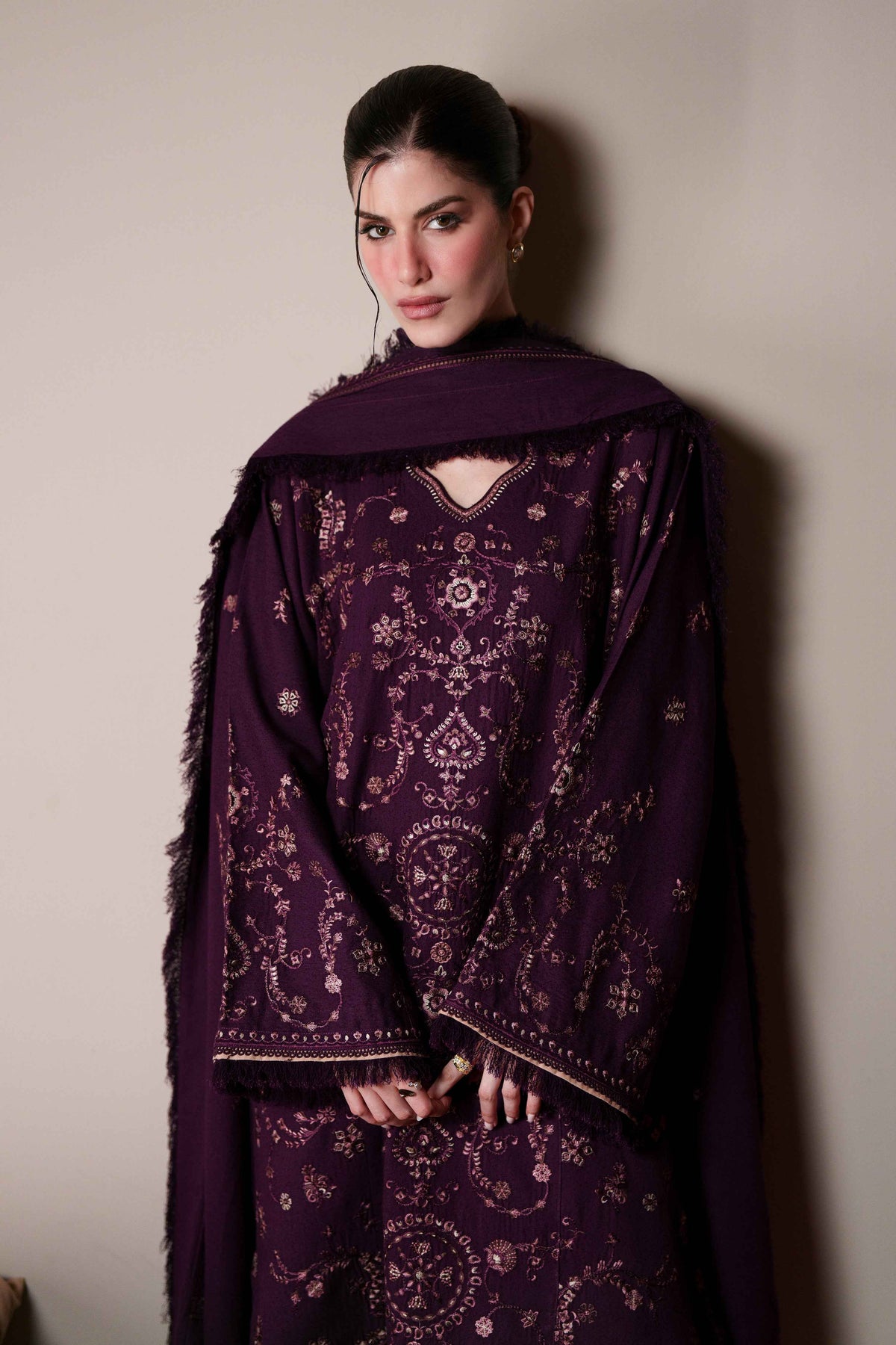 Mystic Plum – 3 Piece Stitched Dhanak Suit with Shawl | Women's Winter Collection