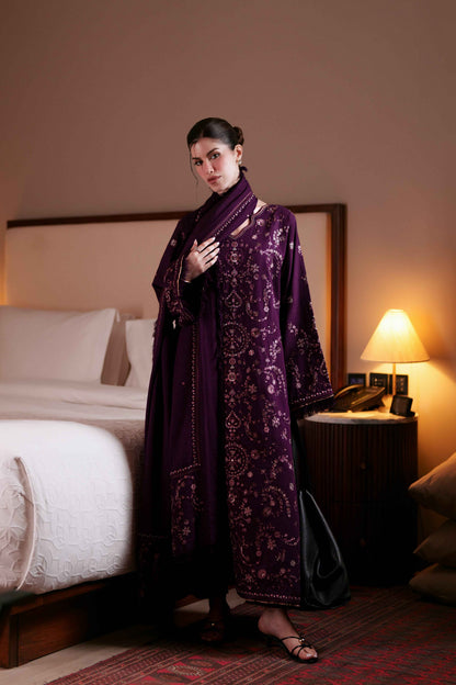 Mystic Plum 3-Piece Dhanak Suit with Shawl - BK Clothings Pakistan