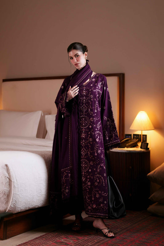 Mystic Plum 3-Piece Dhanak Suit with Shawl - BK Clothings Pakistan