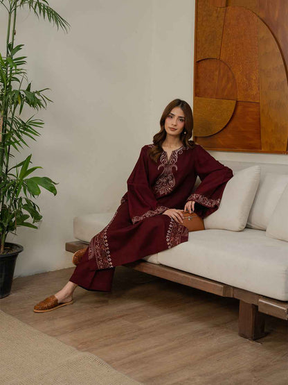 Avira Loom – 2 Piece Stitched Stone Linen Suit | Women's Winter Pret